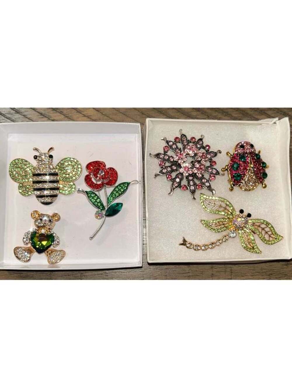 Rhinestone Brooch Pin Lot of 6 Bee Flower Bear Ladybug Dragonfly Costume Jewelry